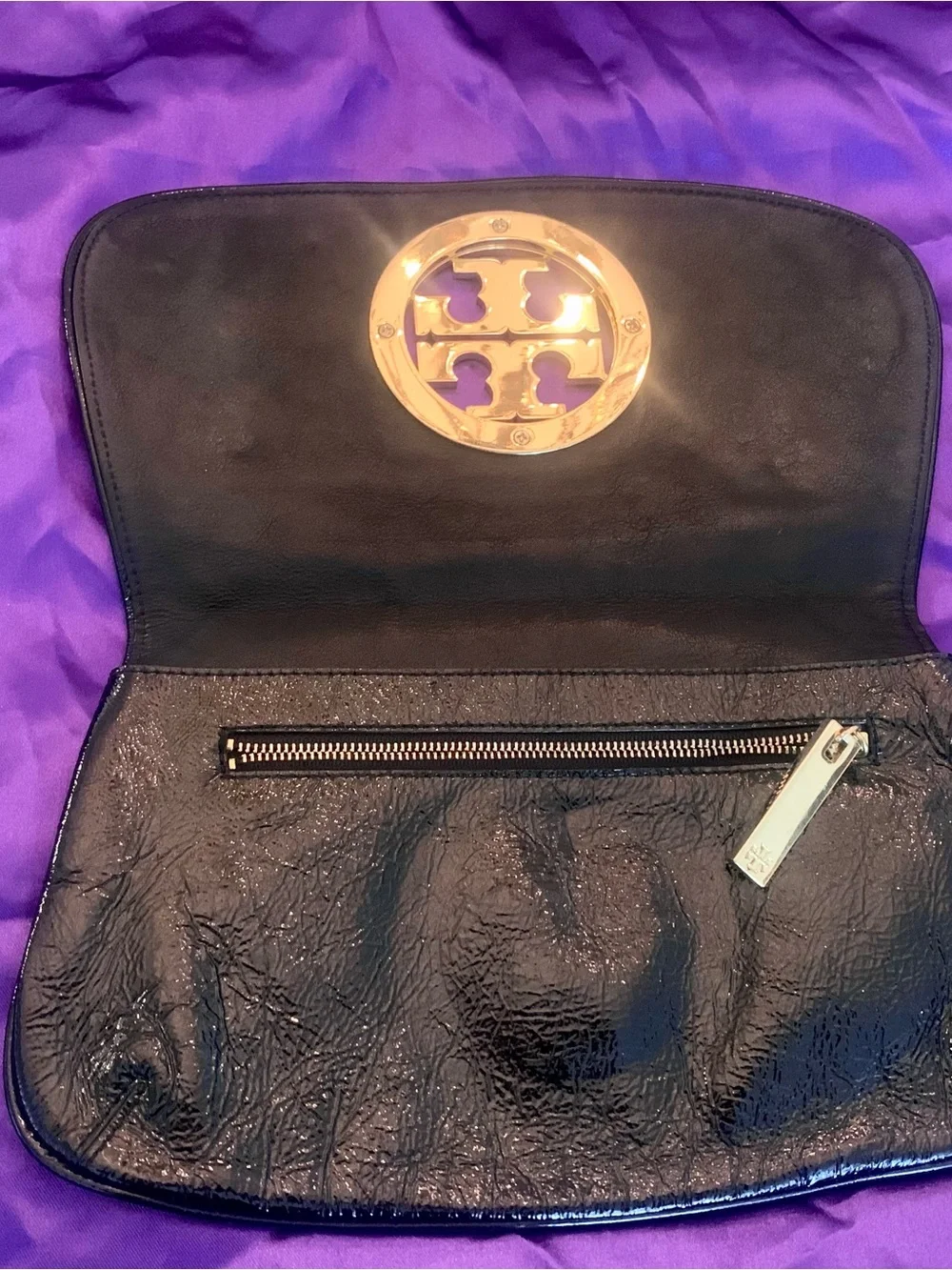 Tory Burch Black Patent Leather Clutch with Gold Logo Accent